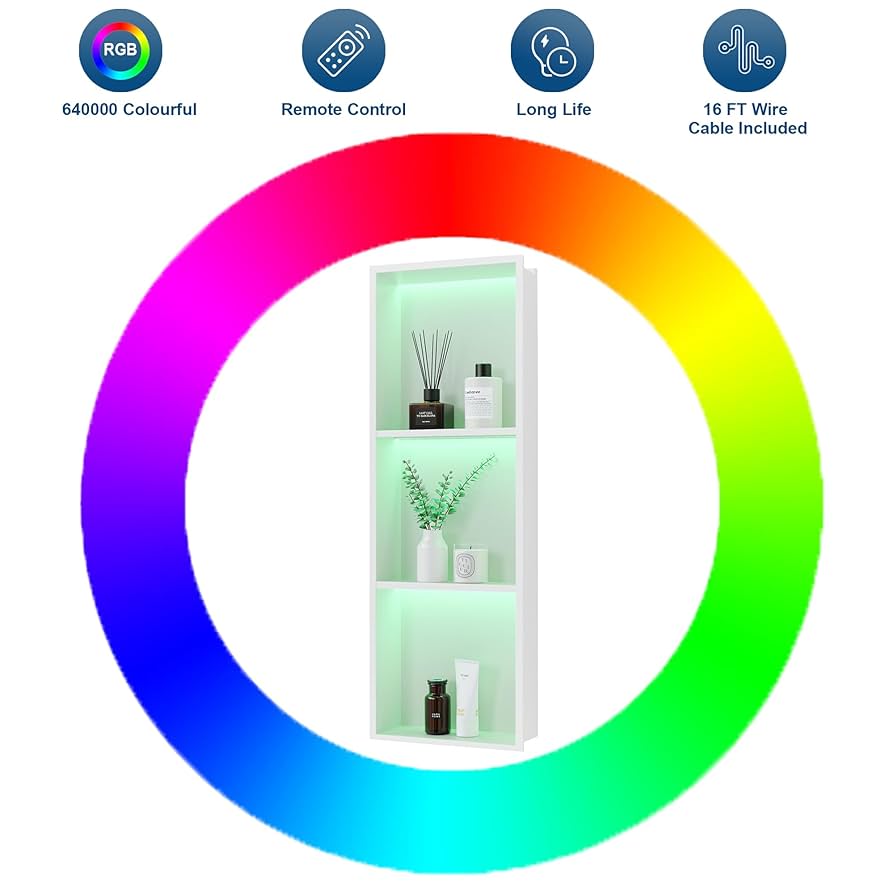 nicho★ Neohomee 3-Tier 12x36Inch Wall Niche with RGB Lights, White